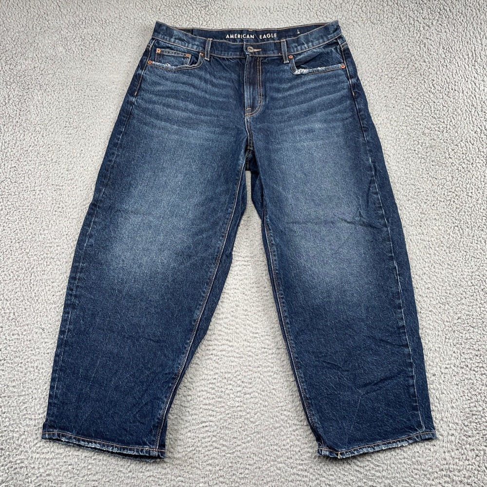 American Eagle Jeans Womens 10 Blue Barrel High Rise Stretch Distressed Hem